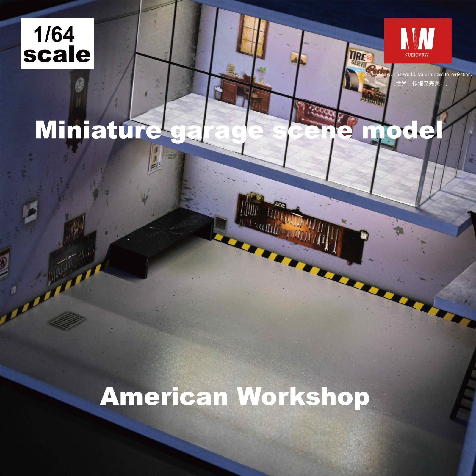 Diorama 1:64 Die-Cast Car Garage Model LED Repair Workshop Scene Display Case US