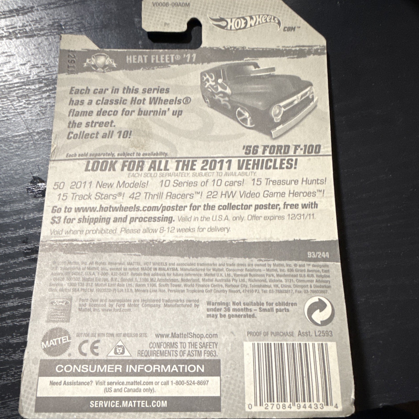 Hot Wheels Heat Fleet ’11 1:64 1956 Ford F-100 Purple Flames Diecast Unopened