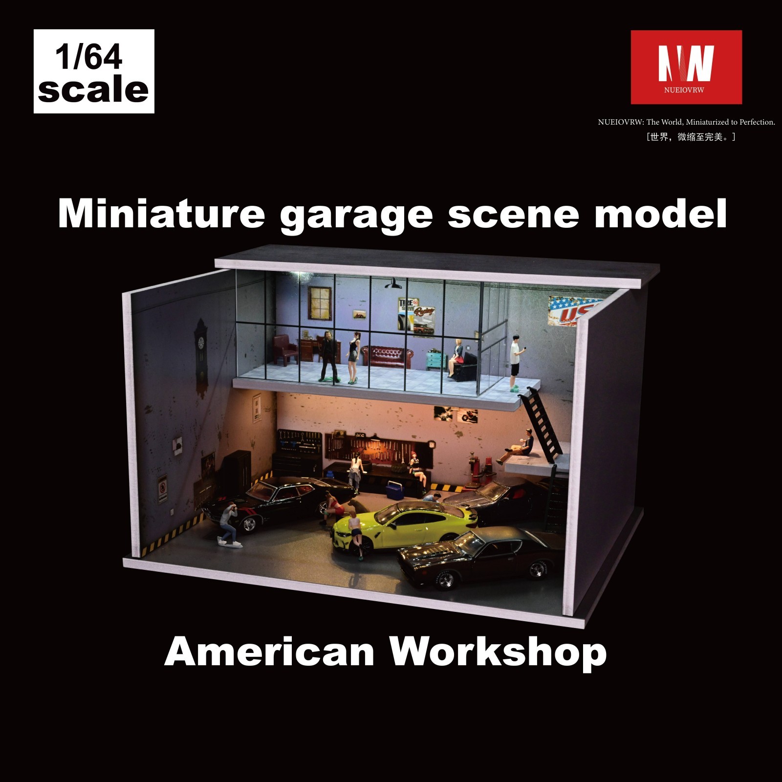 Diorama 1:64 Die-Cast Car Garage Model LED Repair Workshop Scene Display Case US
