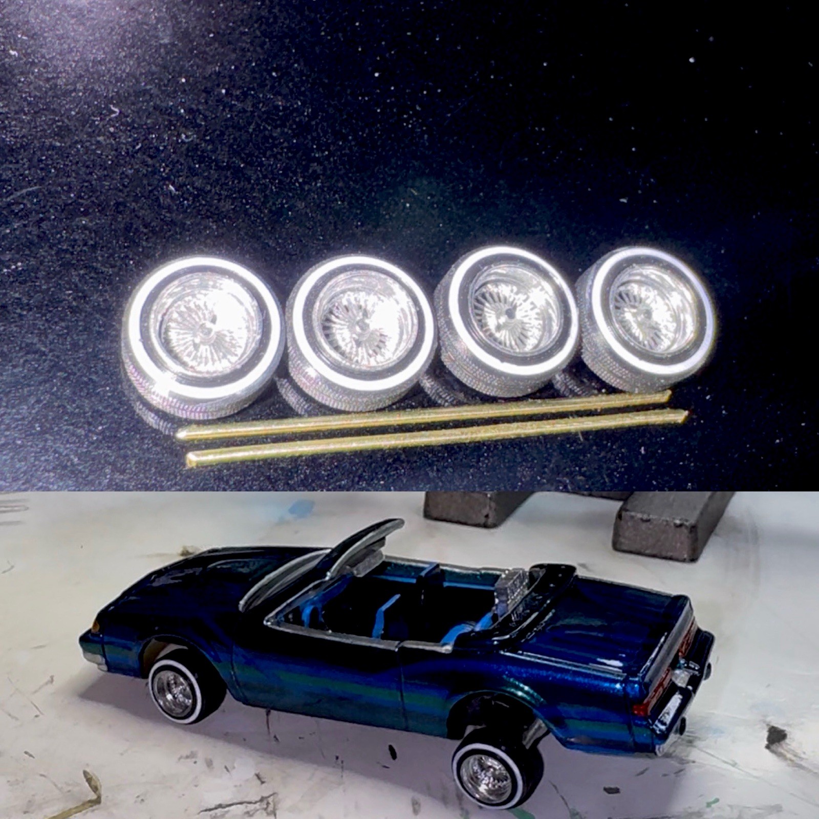1/64 Lowrider Spoke Wheels With White Wall Tires and 2 Prong Knock Offs “NO CAR”