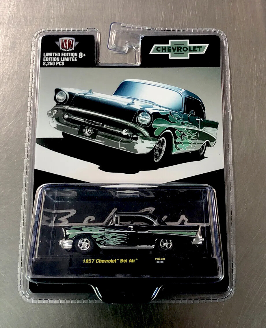 M2 MACHINES 1957 CHEVY BEL AIR HS28 BLACK WITH FLAMES 1/64 SCALE RUBBER TIRES
