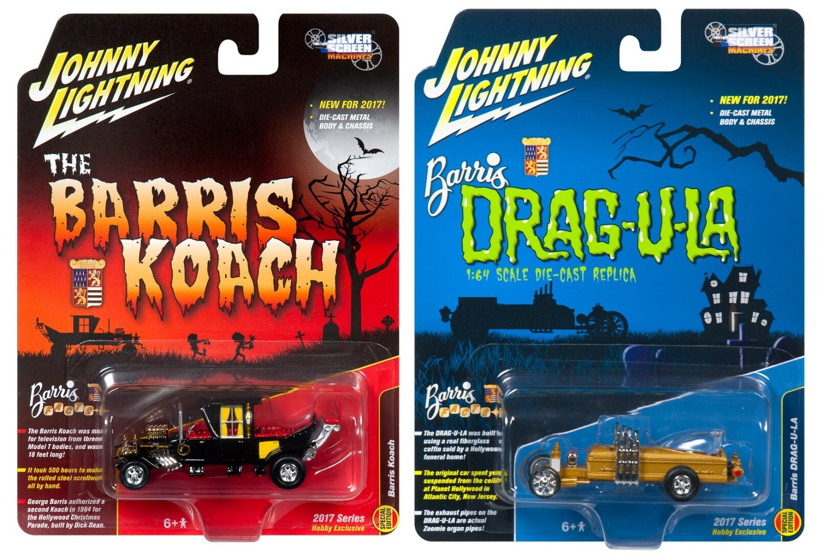 Johnny Lightning *THE MUNSTERS* Barris Koach & Drag-u-la Hollywood Car Set *NIP*