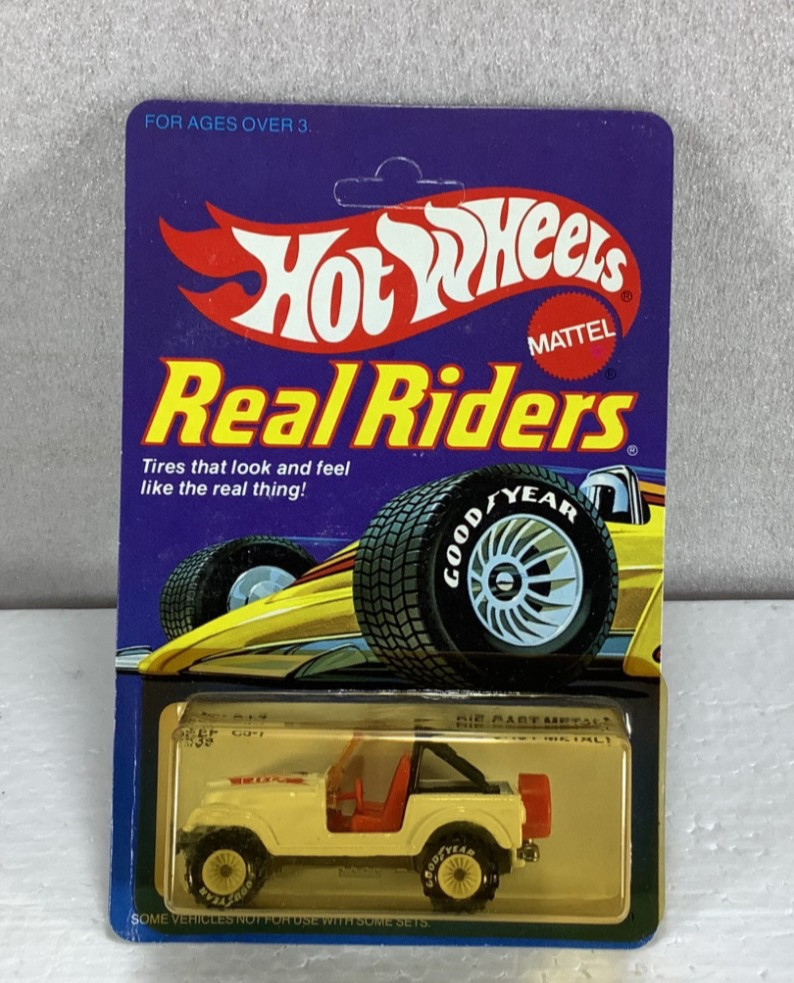 Hot Wheels 1982 Real Riders White w/ white hubs Jeep CJ-7 Goodyear UNPUNCHED BP