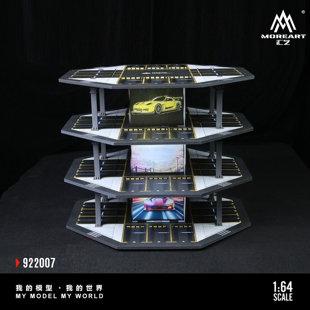 1/64 Diorama Diecast Car Garage Model LED Parking Lot Street Building Scene Gift