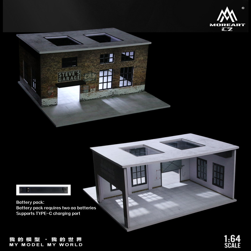1/64 Diorama Garage Model LED Light Gas Station Parking Lot Scene Display Model