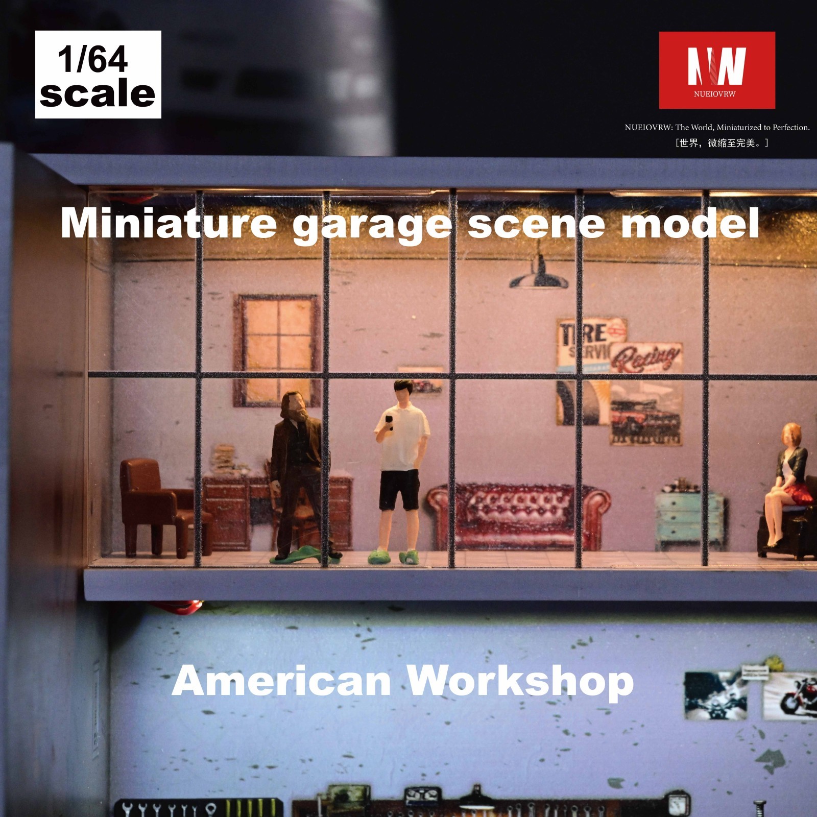 Diorama 1/64 Car Garage Model LED Car Repair Workshop ParkingLot Display Cabinet