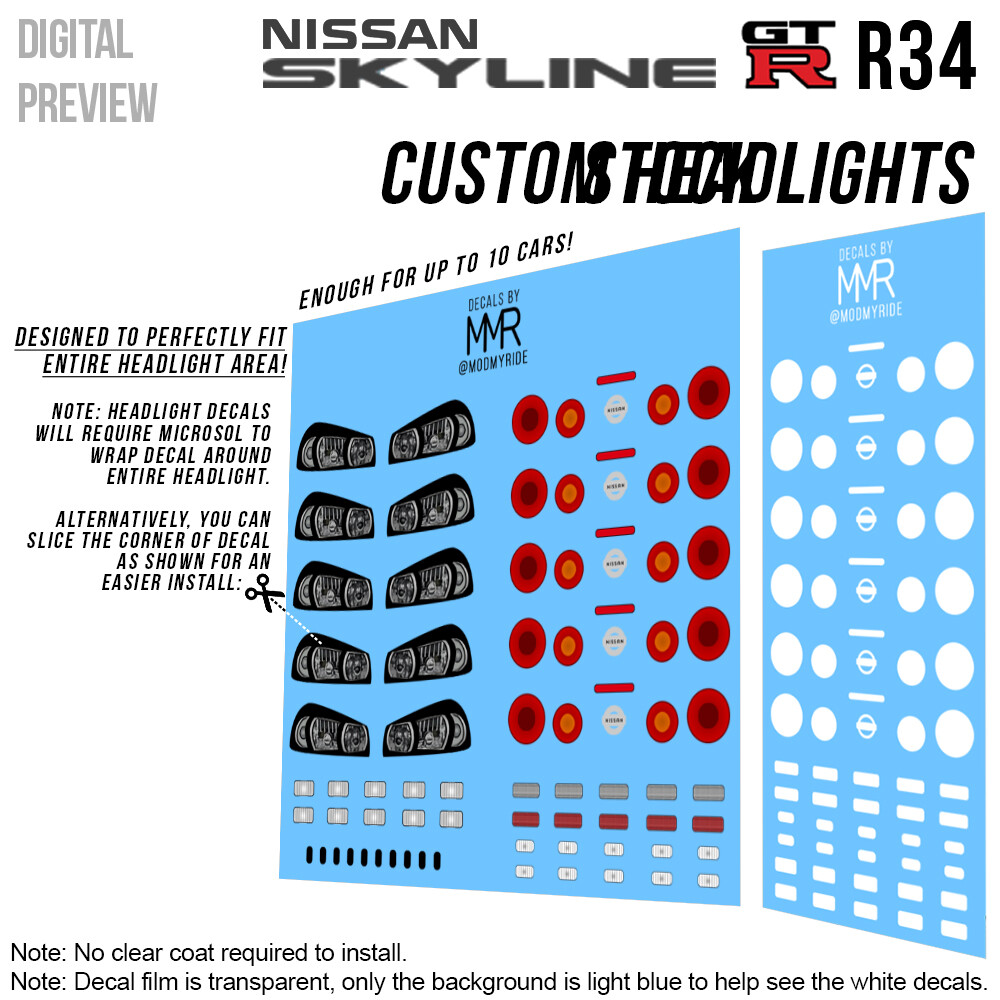 1/64 NISSAN GTR R34 Custom Waterslide Decals Headlight Taillight R35 Hot Wheelz