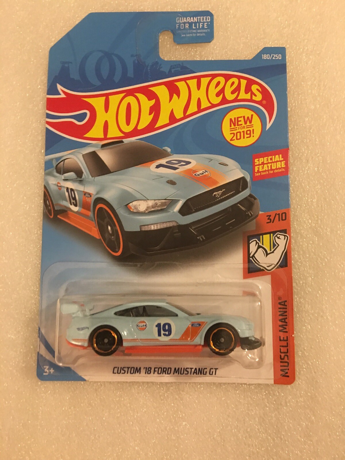 2019 HOT WHEELS CUSTOM 18 FORD MUSTANG GT#180 GULF CAR LIGHT BLUE NEW ON CARDB83
