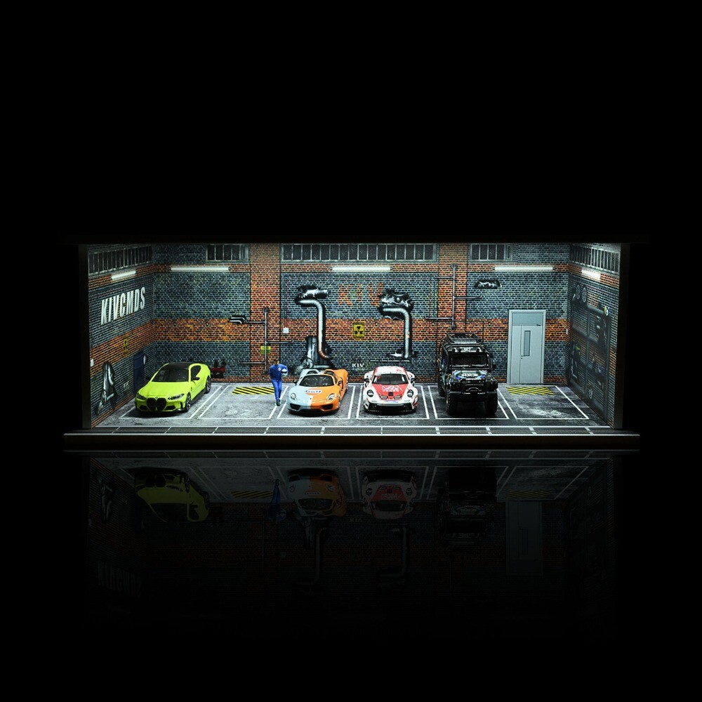 1/64 Diorama Car Garage LED Lighting Car Repair Workshop Scene Display Model Toy