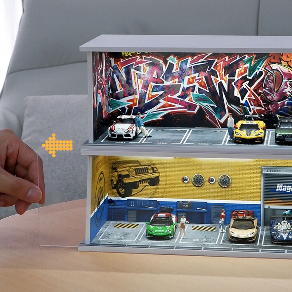 1/64 Diorama Car Garage LED Lighting Car Repair Workshop Scene Display Model Toy
