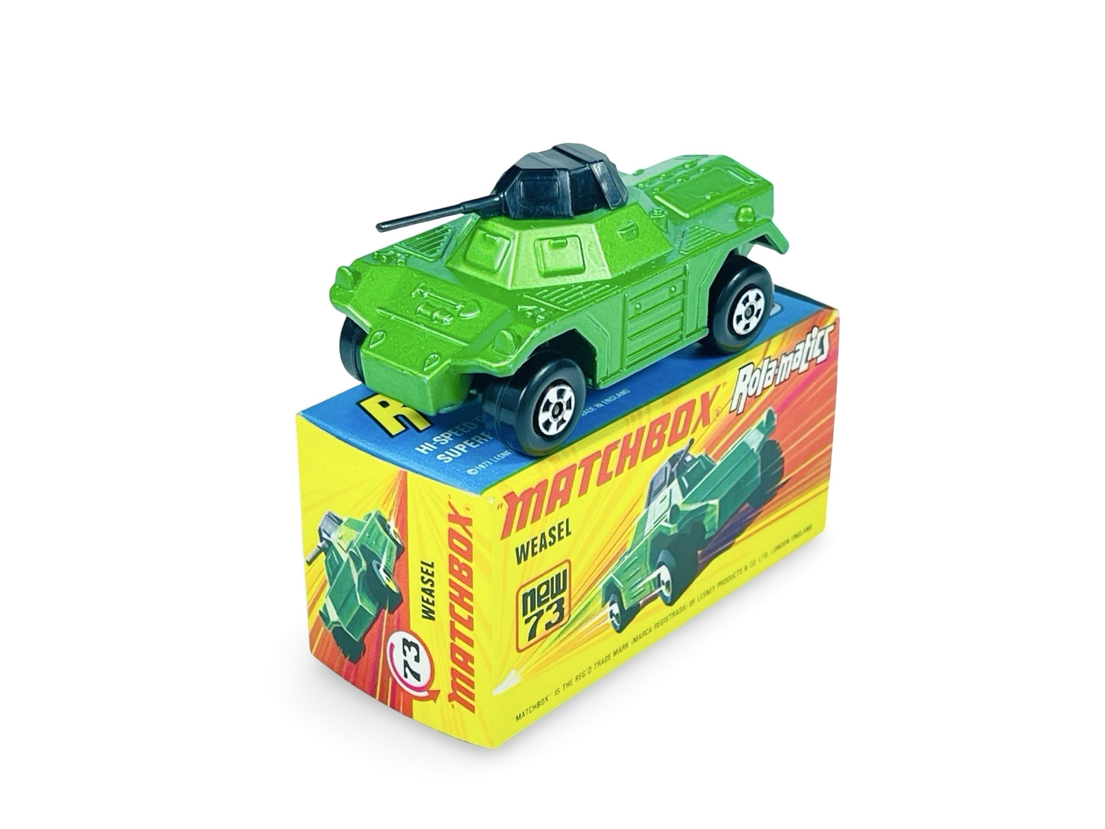 Matchbox Lesney Superfast MB73 Rola-matics Metallic Green Weasel w/I Box