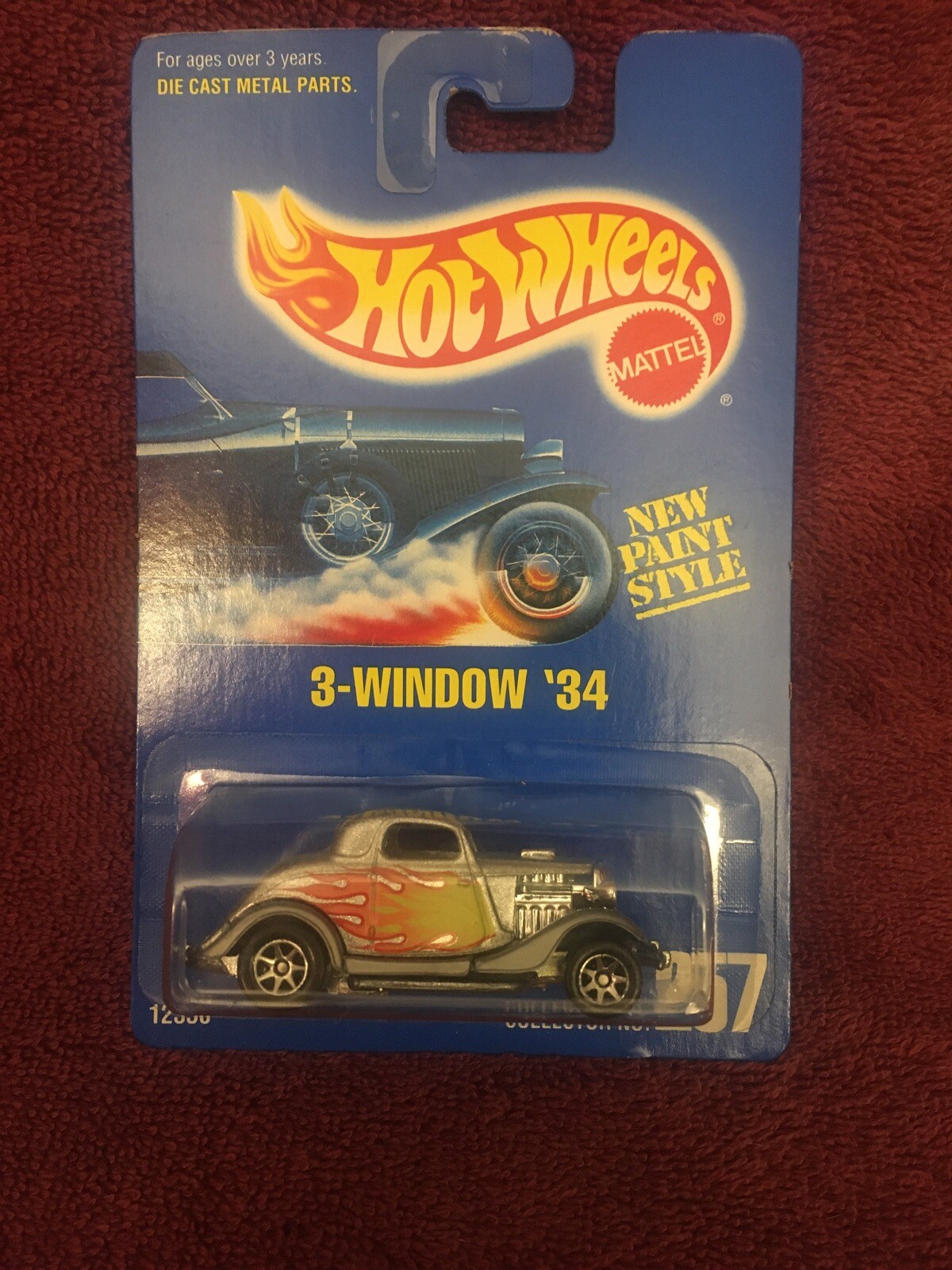 1991 Hot Wheels Blue Card #257 3-Window 34 Silver w/Chrome 7 Spoke Windows