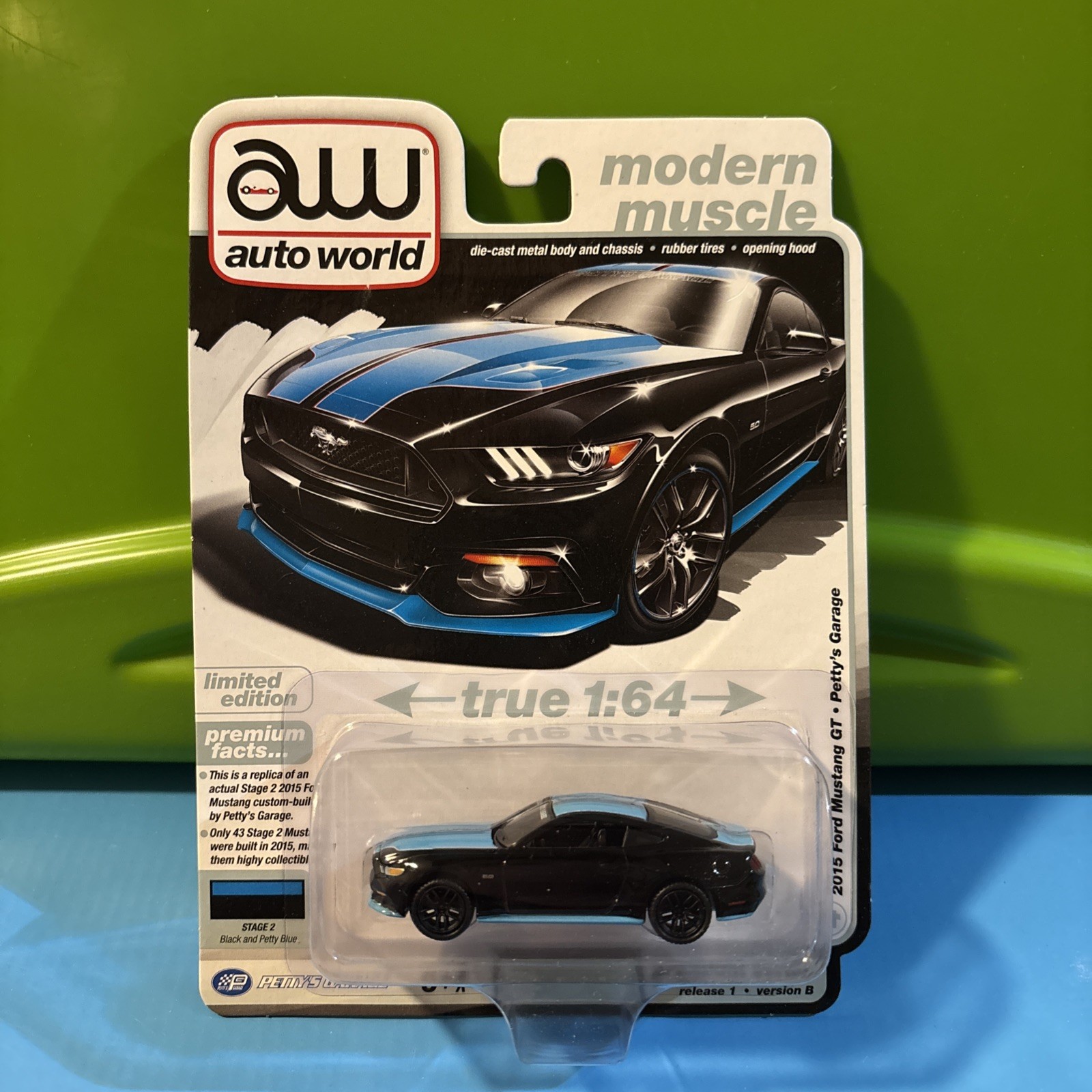 Auto World 2015 Ford Mustang GT Petty Garage *Black and Petty Blue*