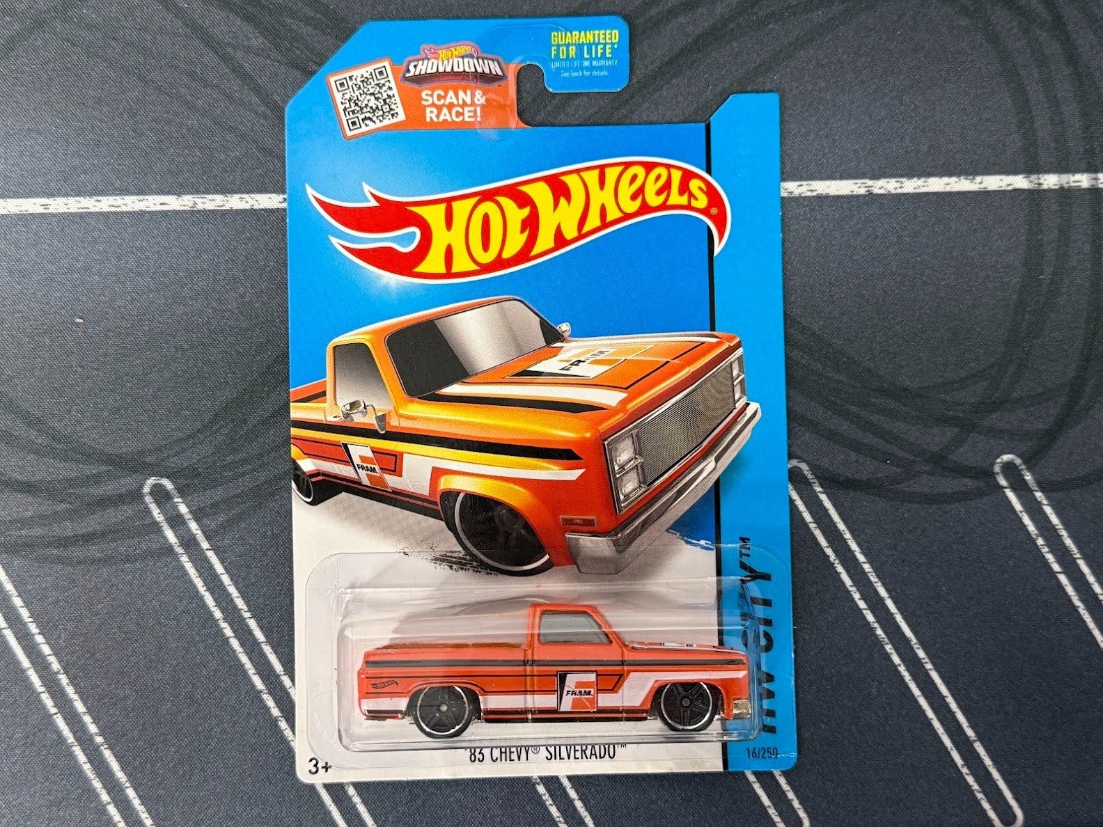 2015 Hot Wheels 1983 83 Chevrolet Silverado HW City Orange Fram Scan & Race Prot