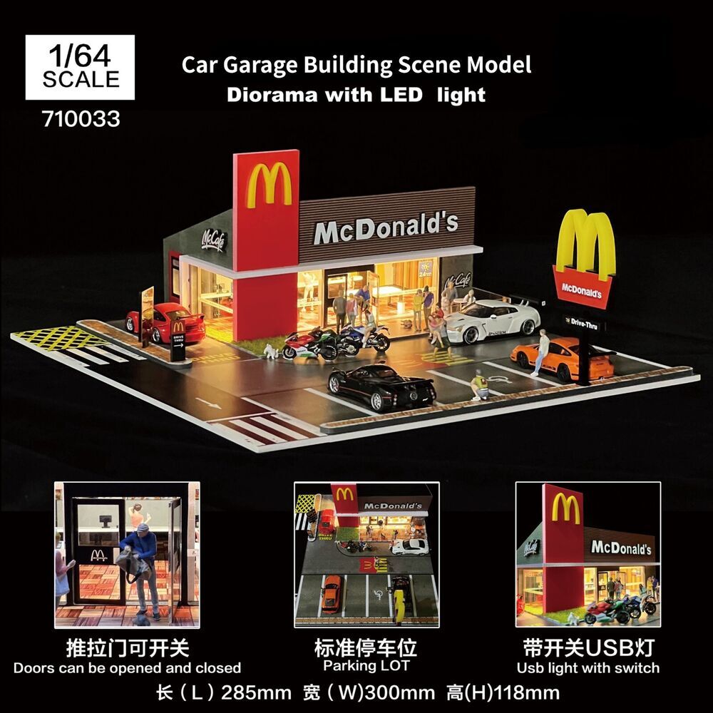 1/64 Diecast Car Garage Model LED City Street Parking Lot Scene Gifts US Diorama