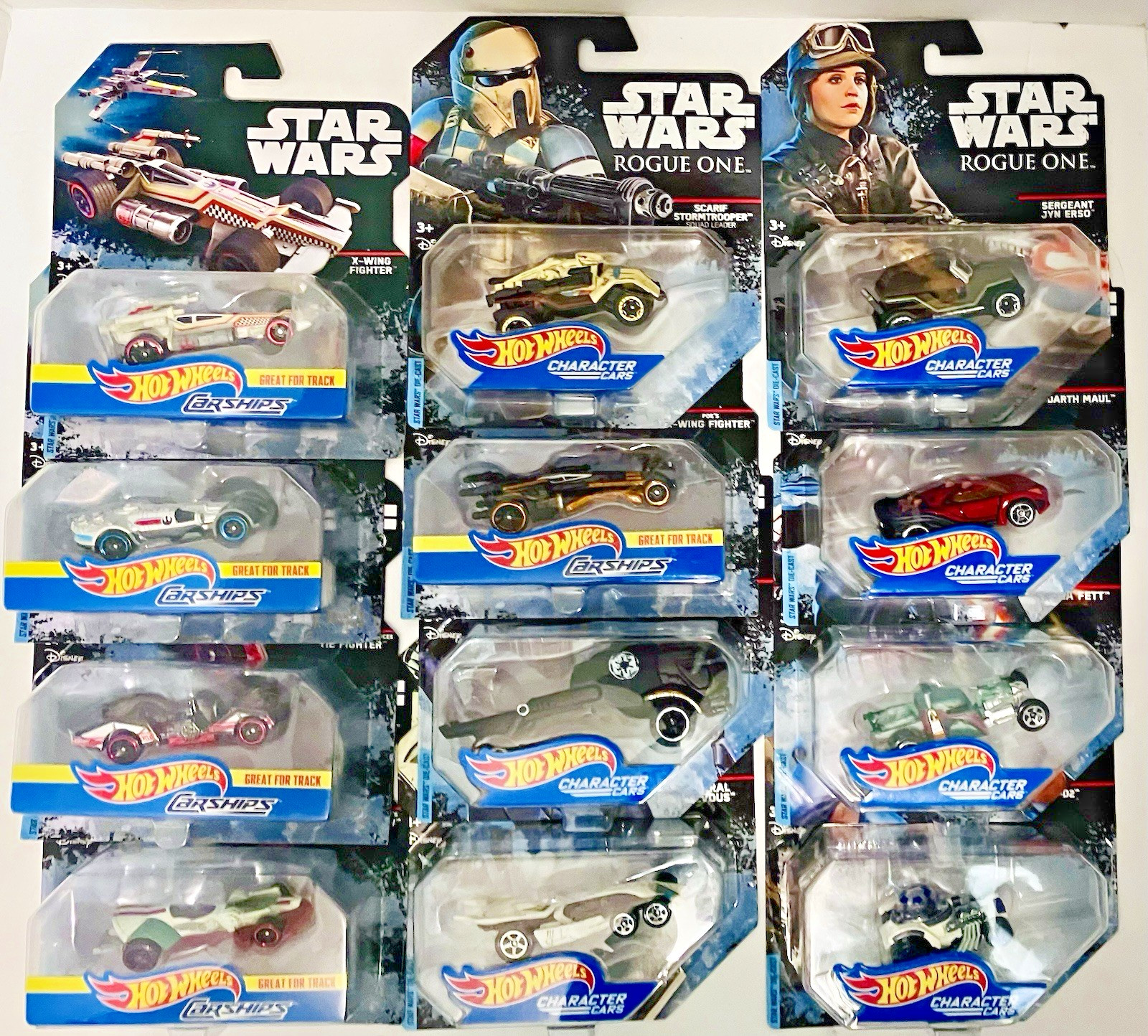 Lot of 12 Hot Wheels Star Wars Character Cars & Carships/ Mint-on-card