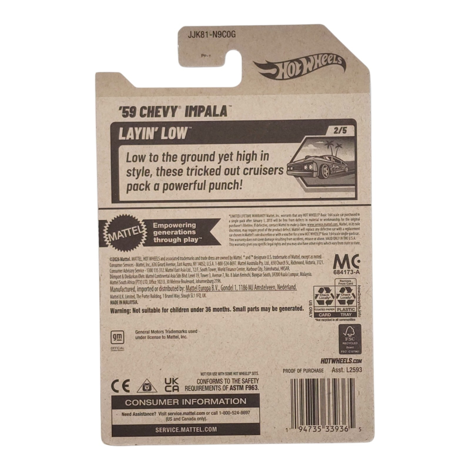 HOT WHEELS ’59 Chevy Impala White Layin’ Low Mainline Bel Air JJK81 2026