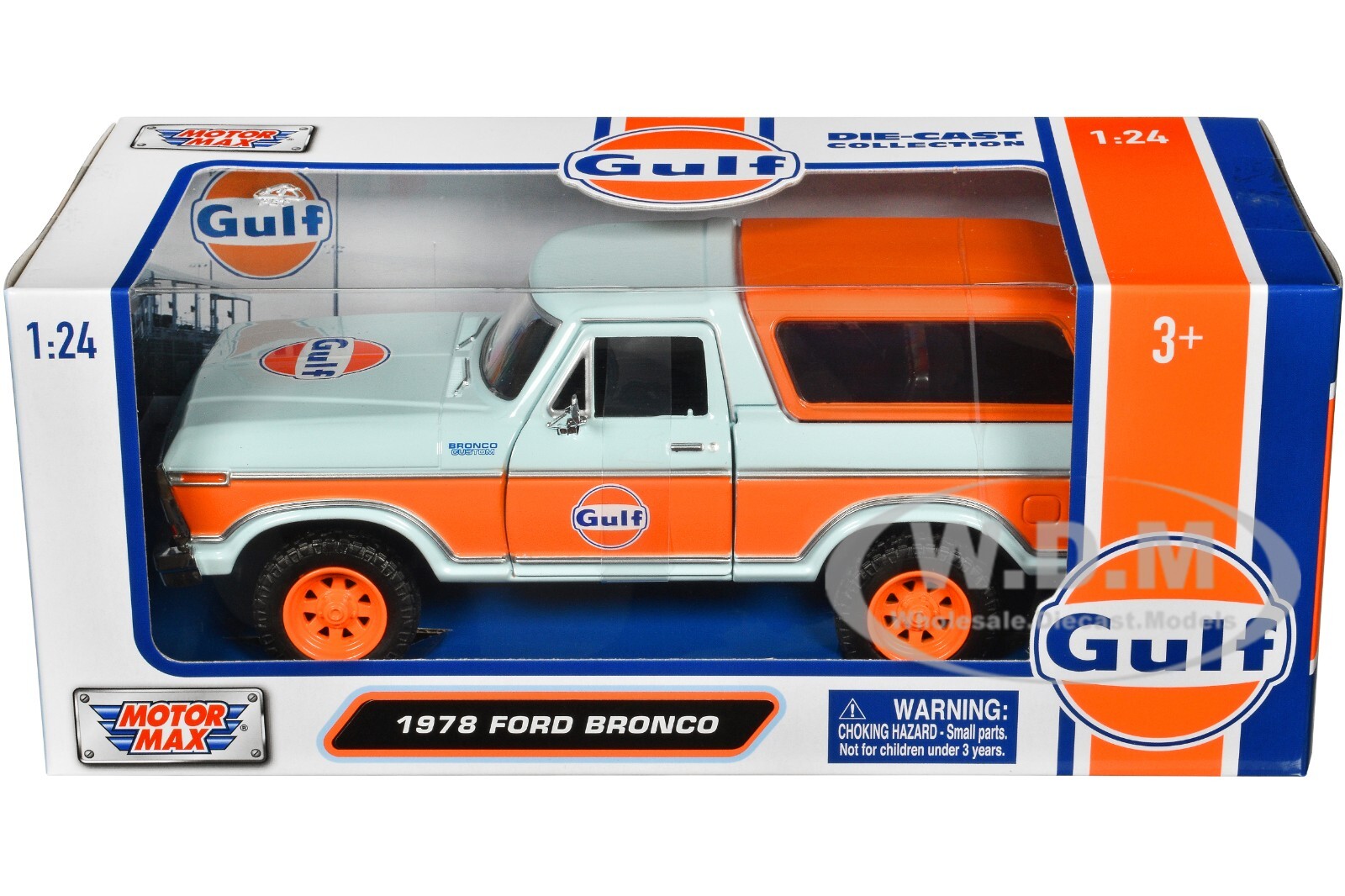 1978 FORD BRONCO LIGHT BLUE & ORANGE “GULF OIL” 1/24 DIECAST BY MOTORMAX 79662