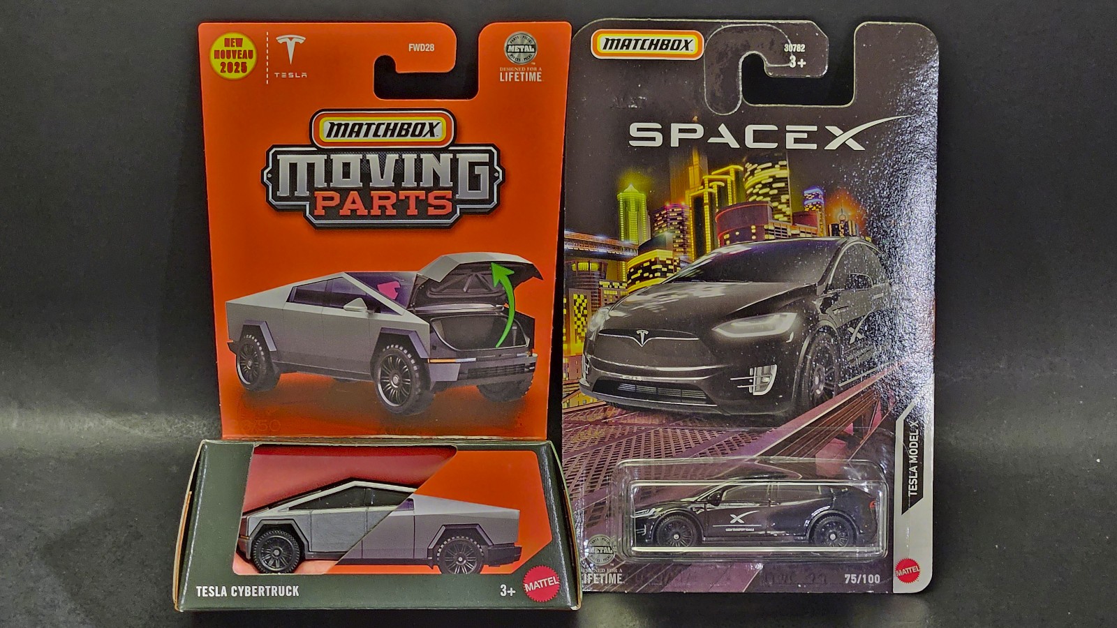 Matchbox Moving Parts & Mainline Tesla Cybertruck & SpaceX Model X Lot of 2 ++++