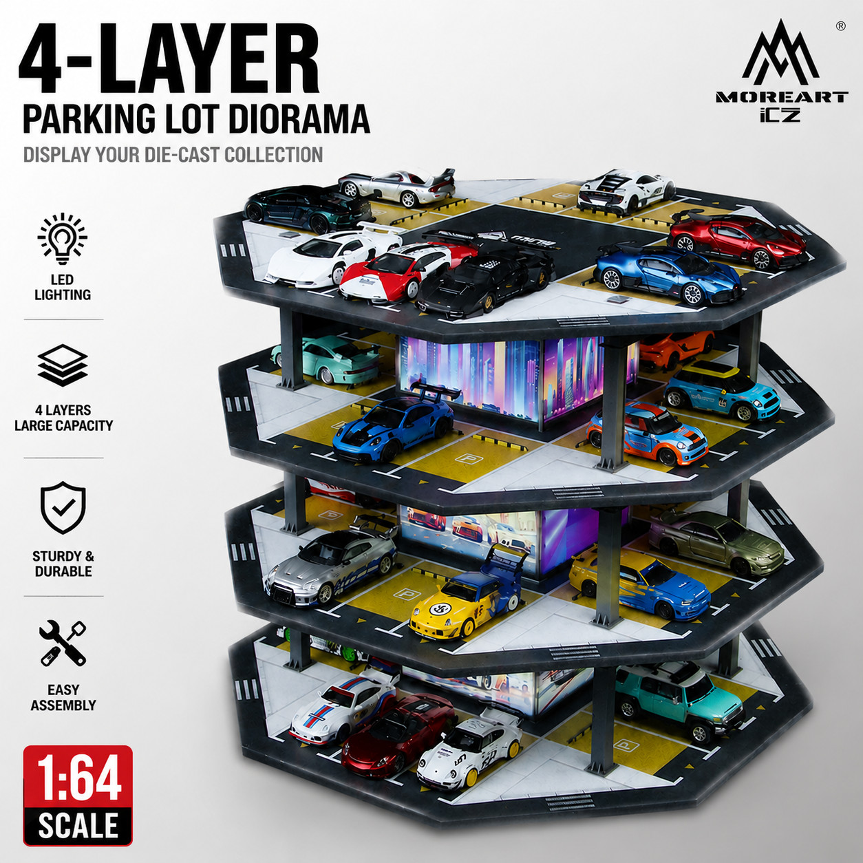 1/64 Diorama Diecast Car Garage Model LED Parking Lot Street Building Scene Gift