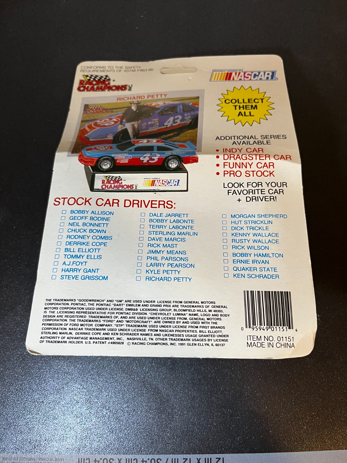 1991 Racing Champions Stock Car NASCAR Kyle Petty #42 w/ Card & Stand