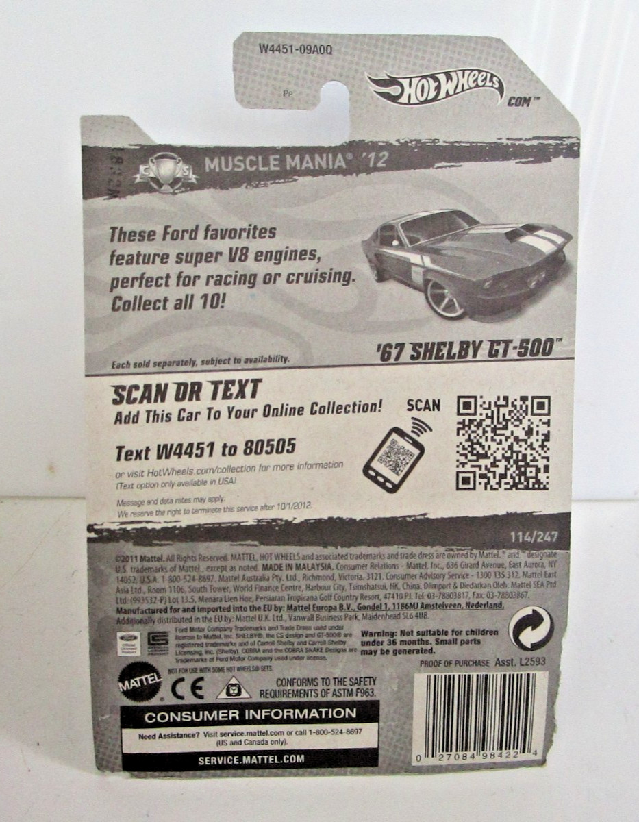 2012 Hot Wheels Muscle Mania ’67 Shelby GT-500 Red 114/247 Kmart Color NRFB
