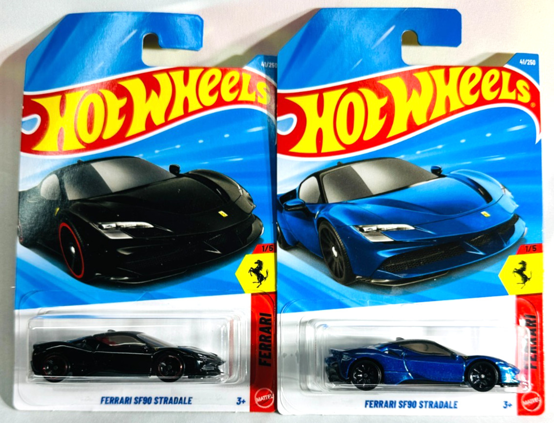 Lot of 2 – Hot Wheels 2026 – Ferrari SF90 Stradale – Blue & Black – Int’L Cards