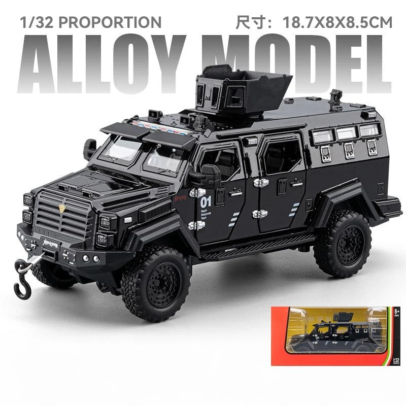 1:32 Police Armored Off-Road Diecast Car Model – Alloy Military Truck w/ Light