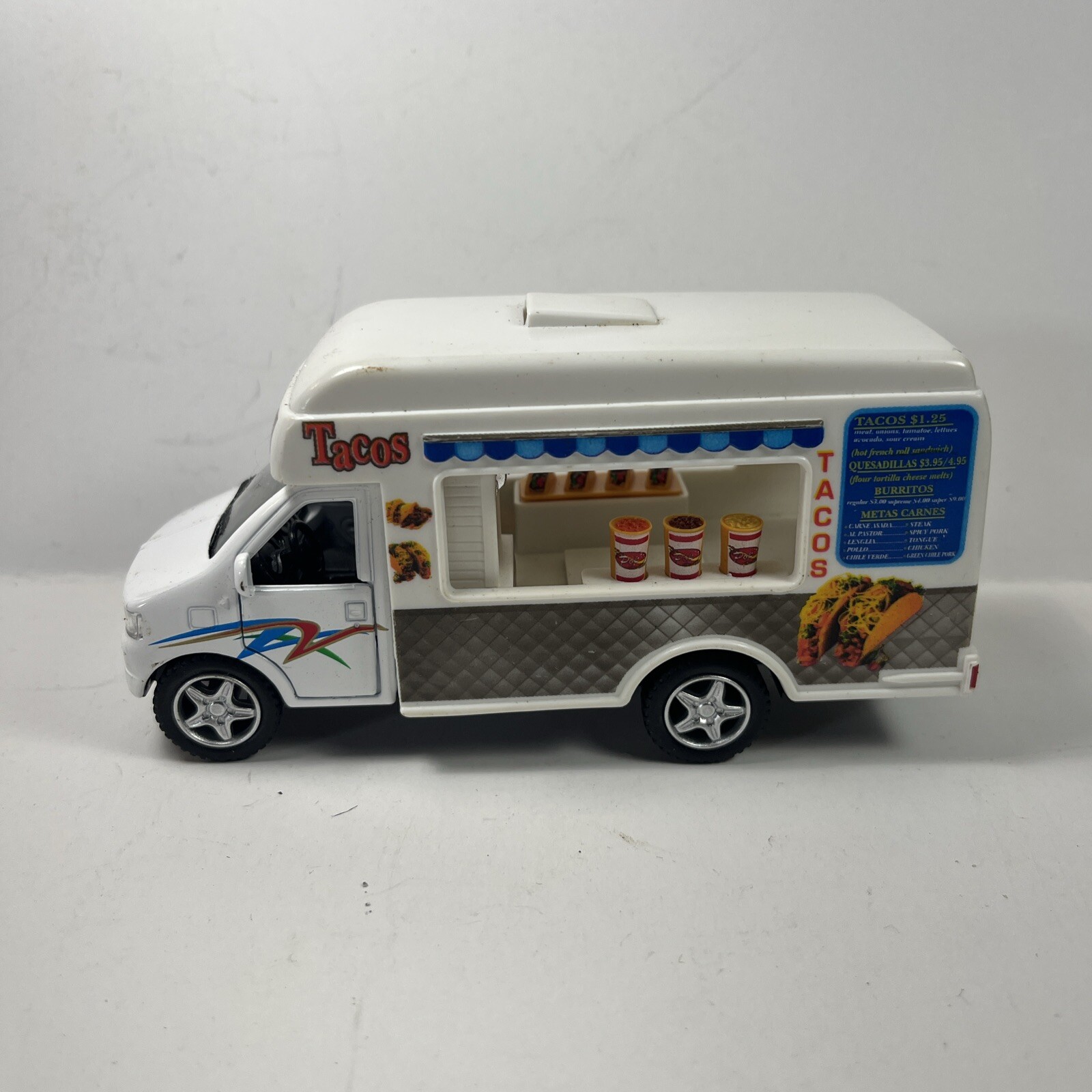 Kinsfun Taco Food Truck Diecast Cab Plastic Body Pullback Action Doors Open 5”