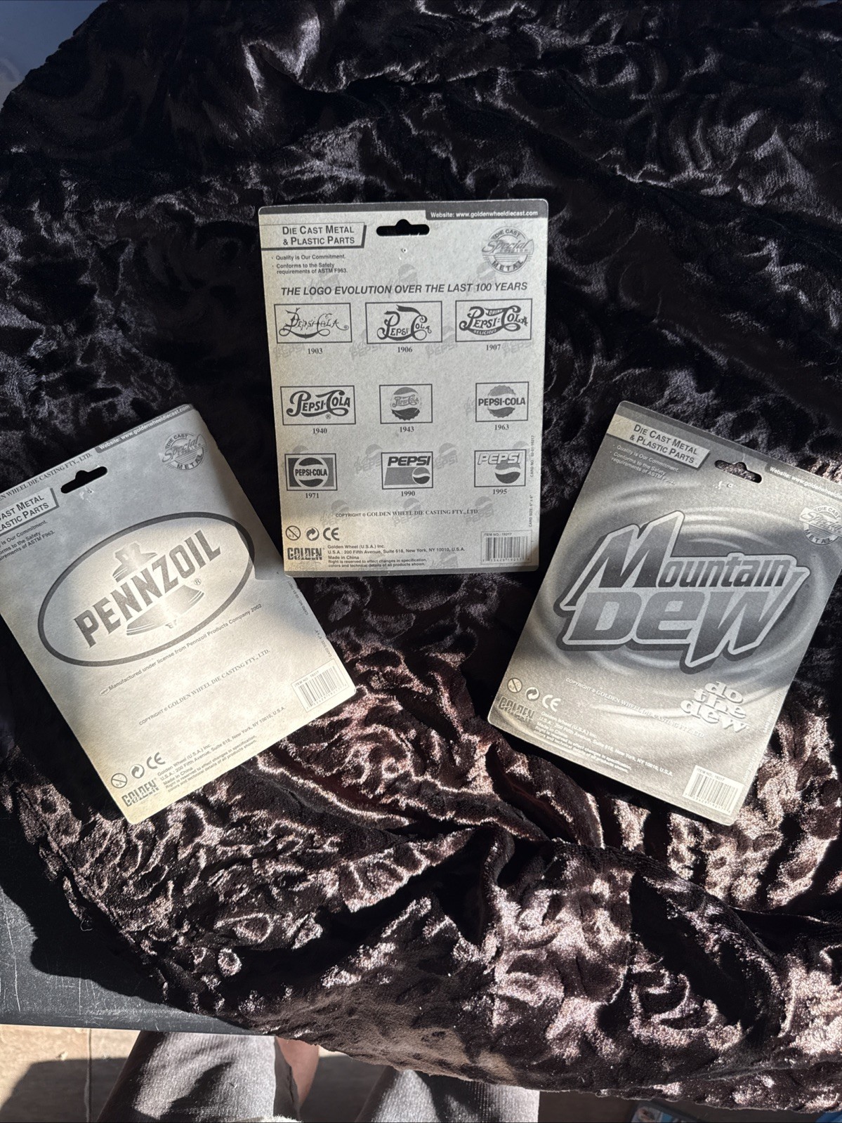 3 Golden Wheel Die Cast metal and plastic Pennzoil, Diet Pepsi, Mountain Dew