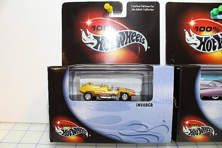 100% Hot Wheels 59 Cadillac, Invader, 1970 Ford Mustang, 1957 Chev. Nomad