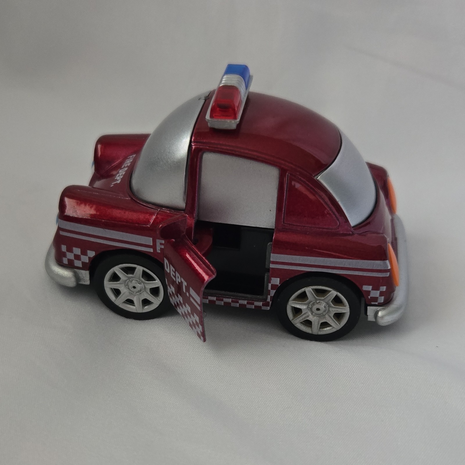 Fire Dept Diecast-Style Car Red/Silver w/ Light Bar, Opening Doors Moving Eyes