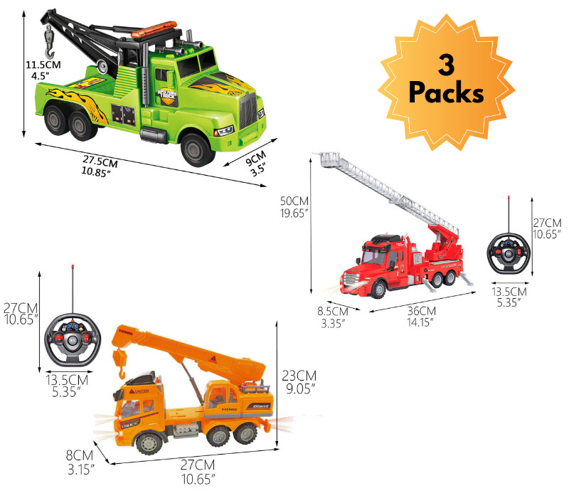 Friction Tow + RC Fire Truck w/ Ladder + RC Construction Truck Kids Toy Bundle