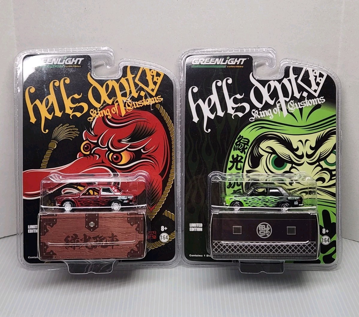 Greenlight 1:64 Hells Dept King Of Customs Datsun Both Versions Lot Of 2 NEW