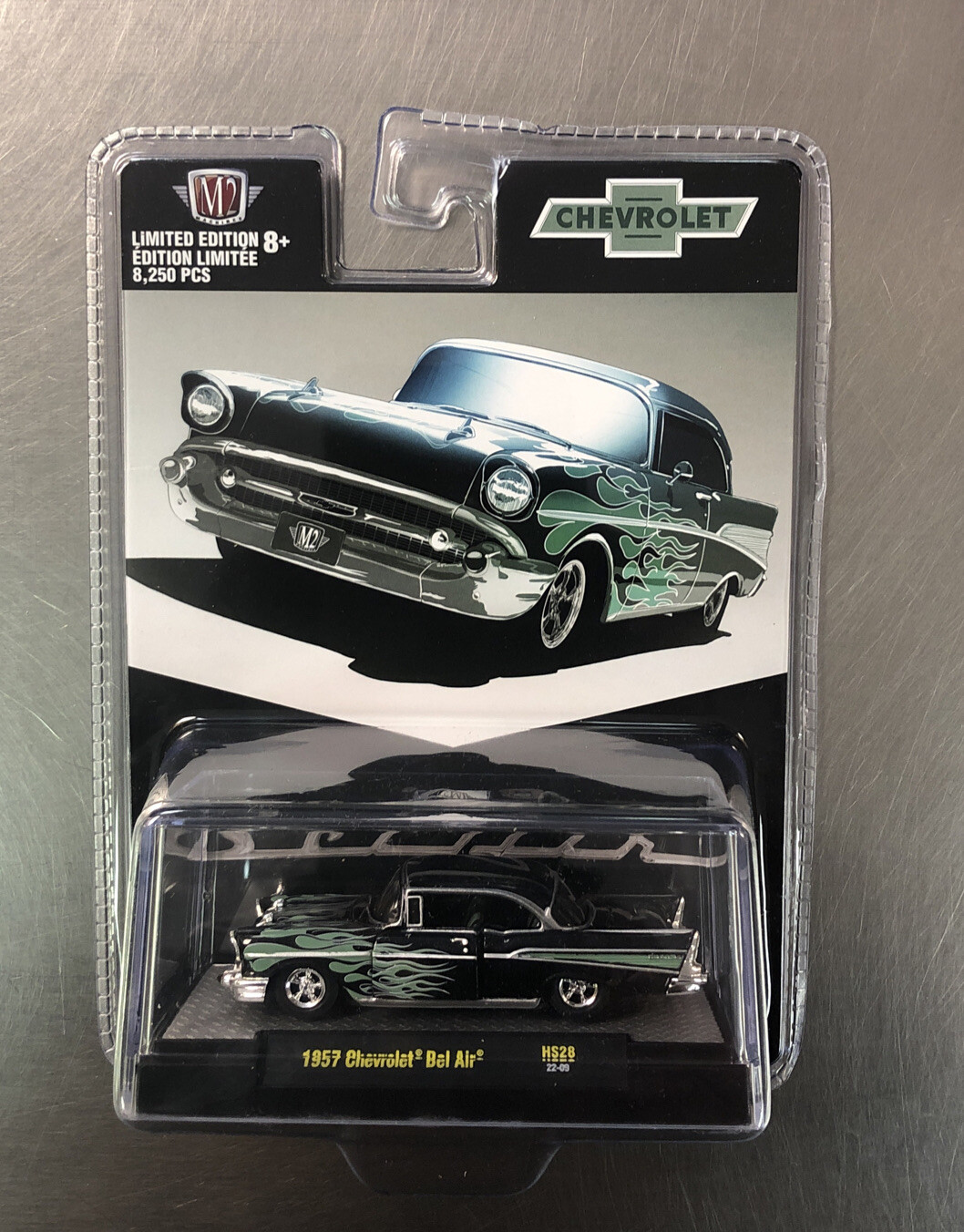 M2 MACHINES 1957 CHEVY BEL AIR HS28 BLACK WITH FLAMES 1/64 SCALE RUBBER TIRES