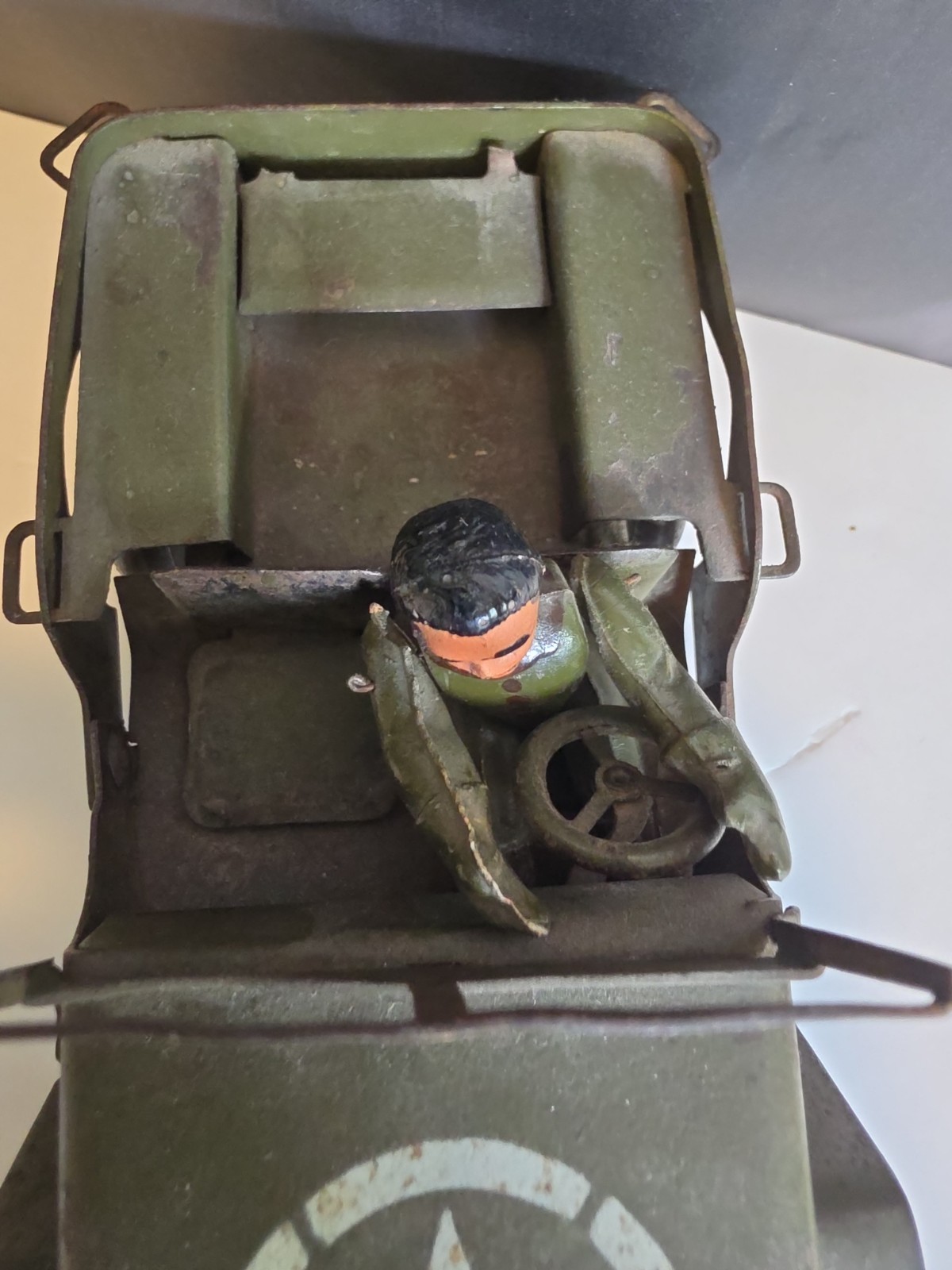 Vintage Pressed Steel Willys Jeep Military Toy w/ Driver France? 1940s 1950s