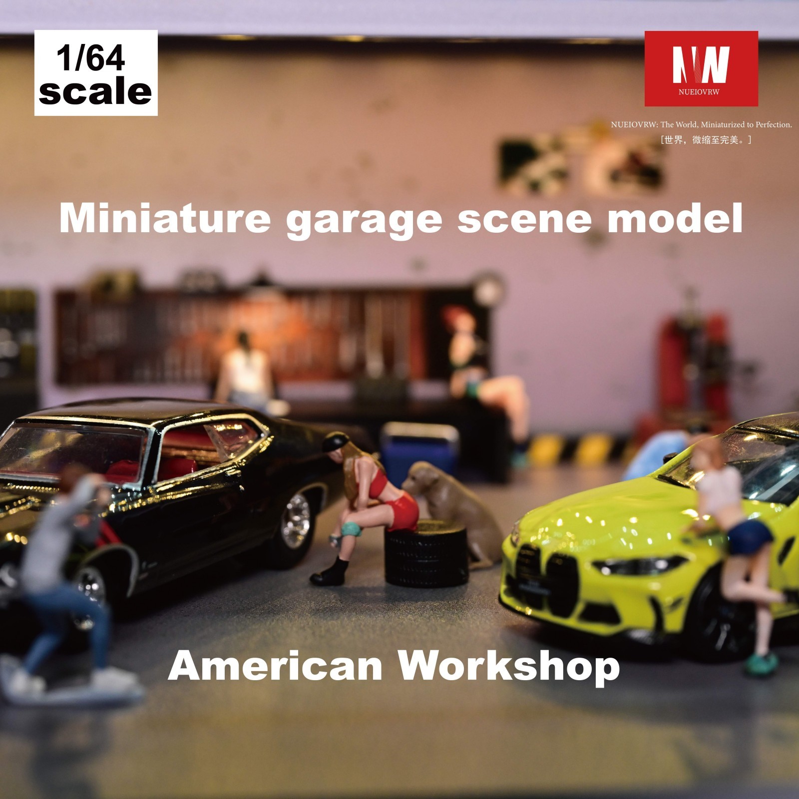 Diorama 1:64 Die-Cast Car Garage Model LED Repair Workshop Scene Display Case US