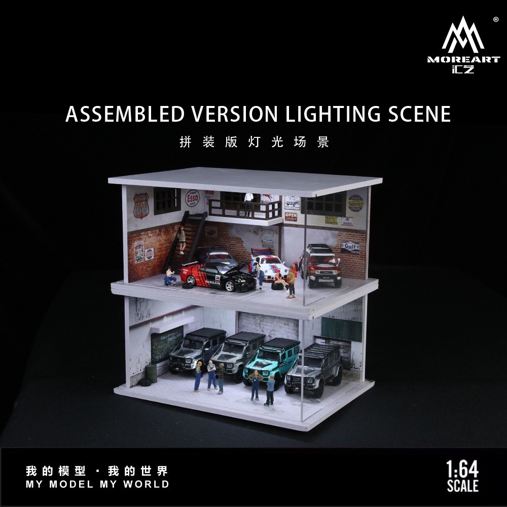 1/64 Diorama Car Garage Model LED Lighting Car Showroom Scene Display Model Gift