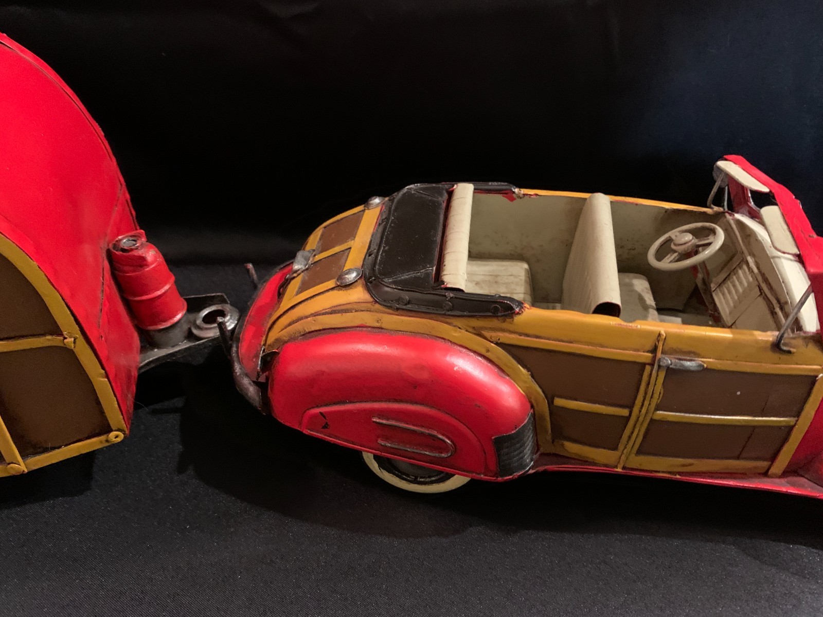 1940’s Woody Convertible w/Trailer Camper Display Tin Toy | Antiqued | New/Box