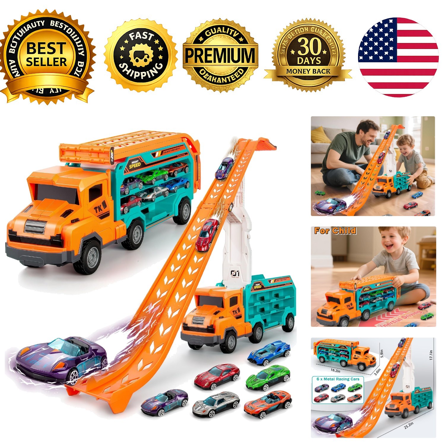 Carrier Truck Toys Race Track Transport Cars 2.8 Ft 6 Die-Cast Cars for Kids