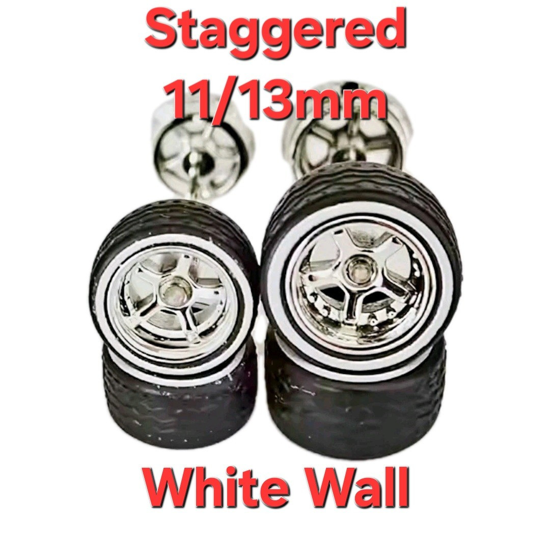 10 Sets Advan Chrome/White Wall Staggered 11/13mm Rims & Real Rider Rubber Tires
