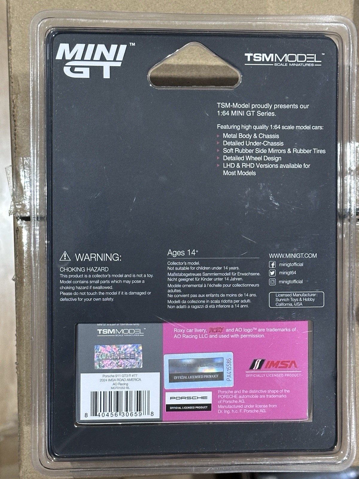 Mini GT 1/64 Porsche 911 GT3 R #77 AO Racing 2024 IMSA Road America MGT01052