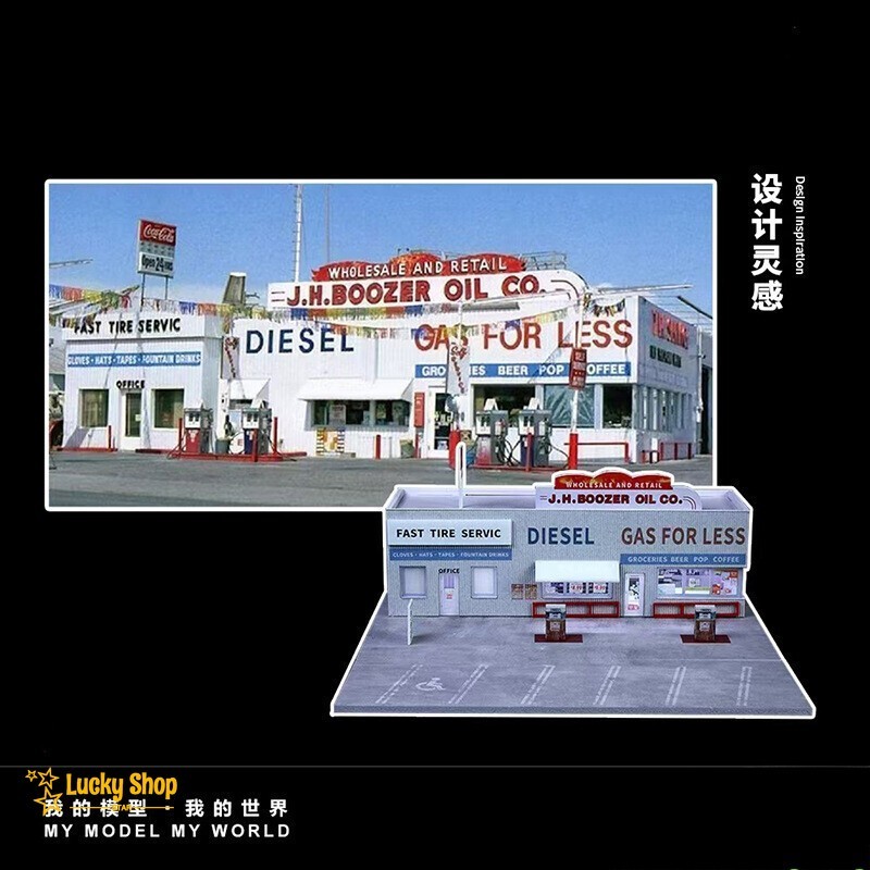 Diorama 1/64 Car Parking Lot Model LED Lights City Car Gas Station Scene Display