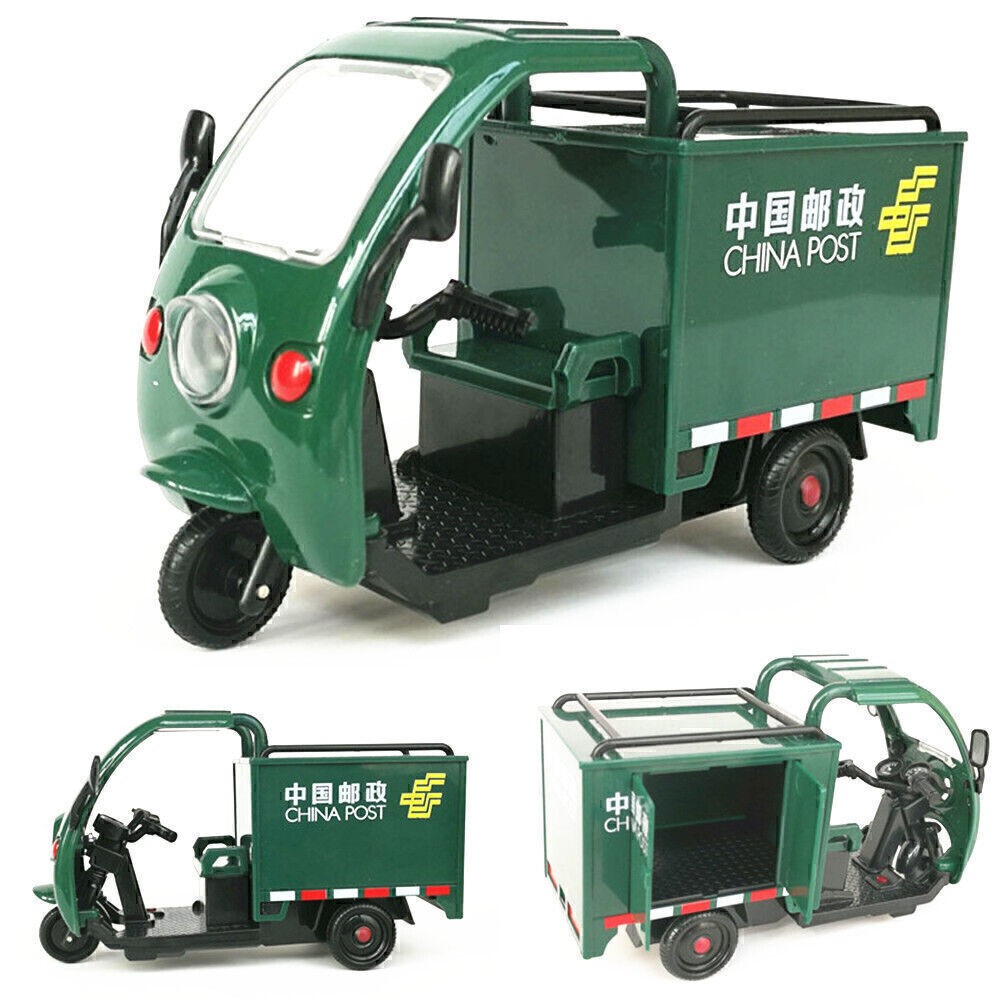 High Simulation China Post Express Car Tricycle Alloy Model With Sound And Light