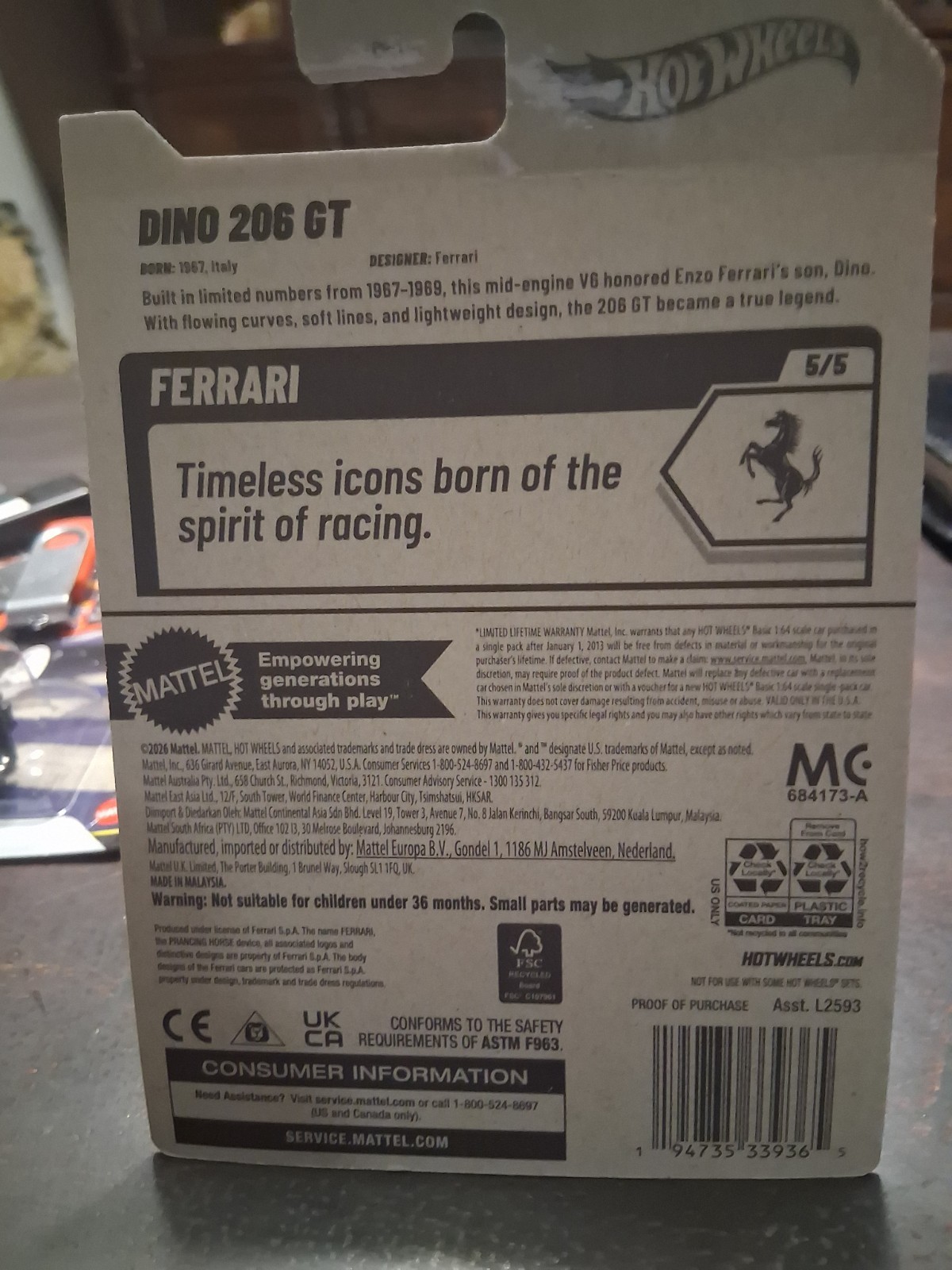 Dino 206 GT #150 Red 5/5 Ferrari US Card 2026 Hot Wheels