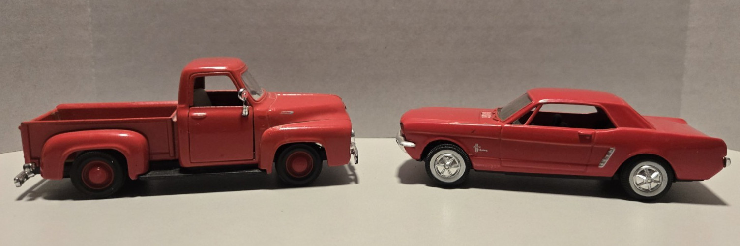 (2) – Ford Diecast Red – 1/32 Scale – Maisto 1953 Pickup – Ertl 1964 1/2 Mustang