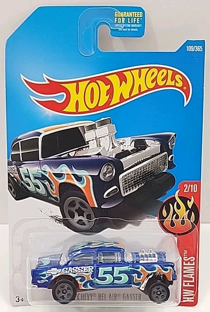Hot Wheels Lot Of 2 2016 ’55 Chevy Bel Air Gasser HW Flames 1 Red, 1 Blue