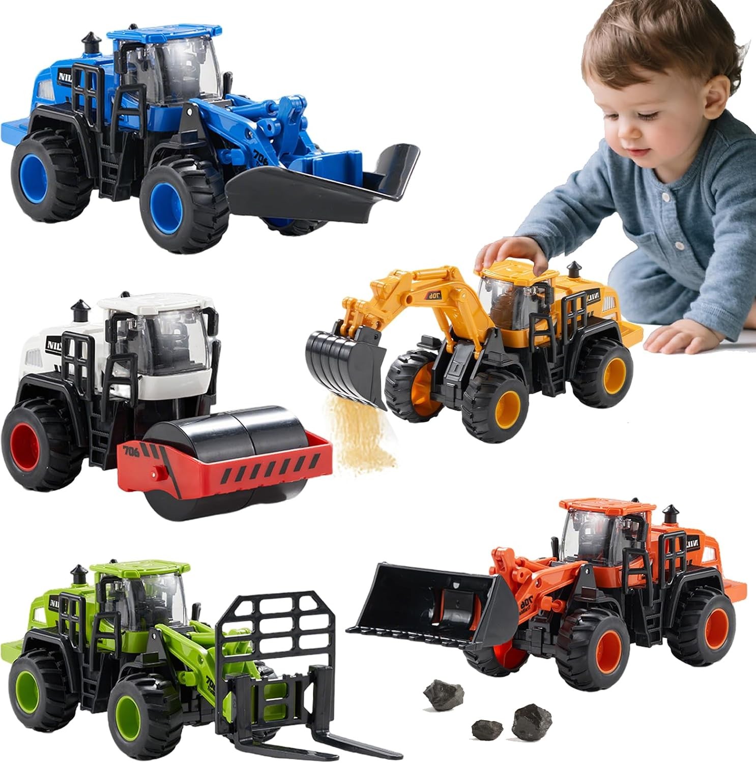 Construction Truck Toys for Toddlers | 5Pcs Push Go Tractor Toys, Sandbox Excava