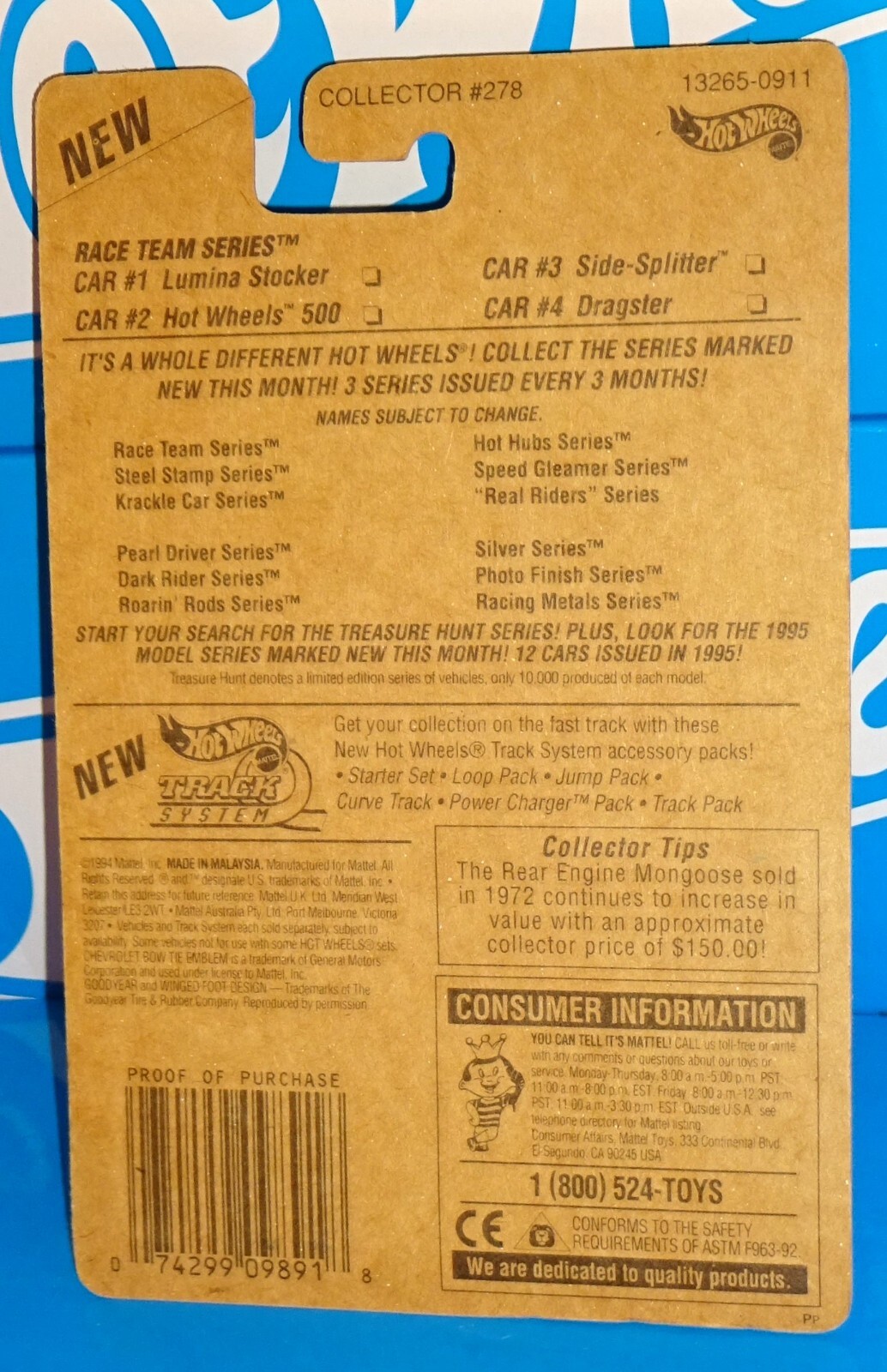 Hot Wheels 1995 Race Team Series #278 Dragster Mtflk Light Blue w/ BWs & Minis