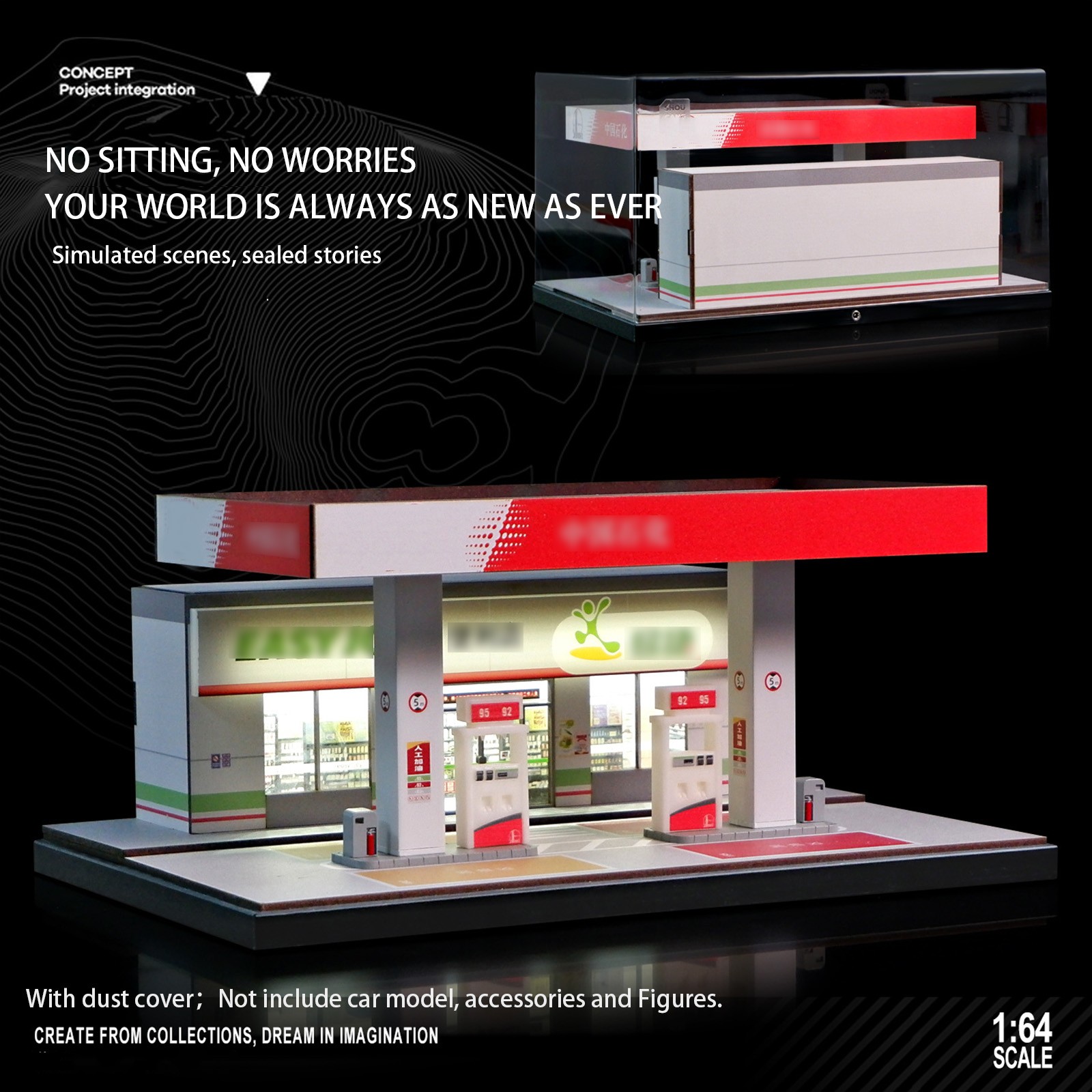 1/64 Diorama Car Garage Model LED Lighting Gas Stations Parking Lot Scene Model